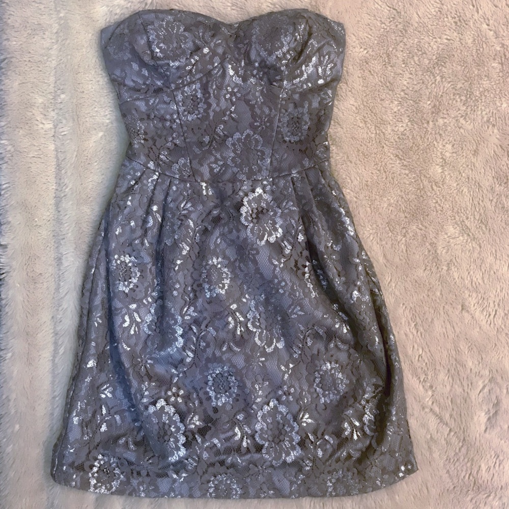 Strapless Silver Lace Dress
